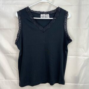 Vintage Jason‎ Maxwell women’s solid black sleeveless lace trim v-neck tank top